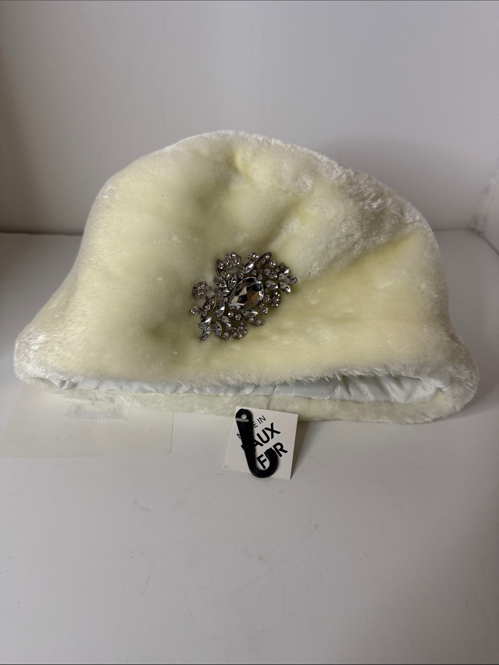 Faux Fur cream Winter Cloche Hat with Brooch